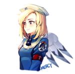  alternate_costume alternate_hairstyle armband bangs beret blonde_hair blue_bodysuit blue_eyes bodysuit breasts character_name closed_mouth combat_medic_ziegler dated eyelashes hat juliet_sleeves lips long_sleeves looking_away maro_(lij512) mercy_(overwatch) nose overwatch parted_bangs pink_lips puffy_sleeves short_hair simple_background small_breasts smile solo spread_wings turtleneck upper_body white_background white_hat wings 