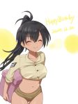  1girl black_hair blush braid breasts closed_eyes collarbone dark-skinned_female dark_skin gift green_shorts happy_birthday highres large_breasts long_hair luminous_witches manaia_matawhaura_hato micro_shorts navel shorts smile standing tjasngyhbv6sthe world_witches_series 