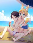  animal_ears beach black_hair blush bulge commentary_request day fang food fox_ears fox_tail full_body green_eyes hair_ornament hairclip highres ice_cream male_focus male_swimwear multiple_boys navel original outdoors pointy_ears red_eyes ryuuki_(eruk8993) sand swim_briefs swimsuit swimwear tail towel water x_hair_ornament 