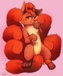  2014 anklet bedroom_eyes blush canine curled digital_media_(artwork) female feral fur hair half-closed_eyes haychel hi_res jewelry licking mammal multi_tail nintendo paws plant pok&eacute;mon seductive solo sweat tongue tongue_out video_games vulpix 