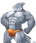  2016 5_fingers abs anthro biceps big_muscles biped bulge claws clothed clothing digital_media_(artwork) fin fish front_view green_eyes grey_claws grey_skin grey_tail grin hand_on_hip head_fin heath_gruder hi_res looking_at_viewer maldu male marine multicolored_skin muscular muscular_male navel orange_bottomwear orange_clothing orange_underwear pecs pepsi_(fa) portrait shark signature smile solo standing tail_fin teeth thong three-quarter_portrait topless two_tone_skin underwear 