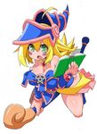  1girl artist_request bare_shoulders blonde_hair blush boots breasts choker dark_magician_girl duel_monster female green_hair hat huge_breasts long_hair magical_girl shiny_skin solo staff wizard_hat yu-gi-oh! yuu-gi-ou_duel_monsters 