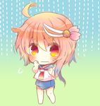  ahoge blue_swimsuit chibi full_body gradient gradient_background hair_ornament i-58_(kantai_collection) kantai_collection kouu_hiyoyo looking_at_viewer neckerchief orange_hair rain red_eyes red_neckwear school_swimsuit school_uniform serafuku solo standing swimsuit swimsuit_under_clothes wavy_mouth 