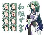  ahoge alternate_costume blush closed_eyes closed_mouth commentary_request crossed_arms dress expression_chart expressions eyebrows_visible_through_hair green_hair green_hairband hairband highres jin_(mugenjin) long_hair multicolored_hair multiple_views o_o open_mouth smile touhoku_zunko translated very_long_hair vocaloid voiceroid wide_sleeves yellow_eyes 