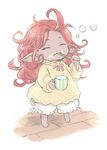  alternate_costume alternate_hairstyle blush_stickers brushing_teeth closed_eyes commentary_request cup dark_skin fang fang_out funf granblue_fantasy hoshikuzushi long_hair messy_hair pajamas pointy_ears red_hair ribbon sleepy wavy_hair 