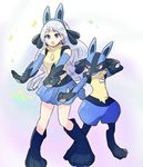  bad_id bad_pixiv_id blue_eyes boku_no_hero_academia cosplay don7no3 elbow_gloves full_body gen_4_pokemon gloves hadou_nejire hair_ornament long_hair lucario lucario_(cosplay) open_mouth pokemon pokemon_(creature) pokemon_(game) pose red_eyes silver_hair simple_background skirt very_long_hair white_background 