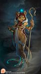  2015 anthro armlet armor bracers breasts dktorzi ear_piercing egyptian feline female fur green_eyes jewelry looking_at_viewer mammal necklace piercing ring sekhmet smile solo staff tail_ring tan_fur weapon 