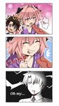  artist_name astolfo_(fate) biting black_hair blood blood_from_mouth bow comic commentary_request english fang fate/apocrypha fate/grand_order fate_(series) food fujimaru_ritsuka_(male) hair_between_eyes hair_bow hair_tucking highres implied_yaoi male_focus maroonabyss multiple_boys otoko_no_ko pink_hair sausage sexually_suggestive 