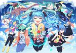  aimaina anniversary black_legwear black_neckwear black_skirt blue_eyes blue_hair blue_neckwear blush closed_eyes collarbone common_world_domination_(vocaloid) denim facing_viewer hachune_miku hatsune_miku highres jeans long_hair md5_mismatch multiple_girls necktie odds_&amp;_ends_(vocaloid) open_mouth pants ren'ai_saiban_(vocaloid) romeo_to_cinderella_(vocaloid) senbon-zakura_(vocaloid) shinkai_shoujo_(vocaloid) siji_(szh5522) skirt smile songover suna_no_wakusei_(vocaloid) sunglasses tell_your_world_(vocaloid) thighhighs twintails very_long_hair vocaloid 