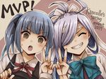  2girls ahoge asashimo_(kantai_collection) black_ribbon bow bowtie brown_eyes dress green_bow green_neckwear grey_hair grin hair_over_one_eye headband kantai_collection kasumi_(kantai_collection) long_hair long_sleeves looking_at_viewer miroku_san-ju multicolored_hair multiple_girls mvp open_mouth pinafore_dress ponytail purple_hair red_ribbon remodel_(kantai_collection) ribbon school_uniform sharp_teeth shirt side_ponytail silver_hair sleeveless sleeveless_dress smile teeth upper_body v white_shirt 