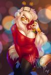  2017 anthro beverage big_breasts breasts buxbi buxbi_(character) cleavage clothed clothing dress feline female fur hair hi_res holding_glass holding_object legwear looking_at_viewer mammal orange_fur pink_nose slightly_chubby solo stripes thick_thighs tiger voluptuous white_hair wide_hips yellow_eyes 