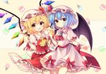  :d :o ascot bat_wings blonde_hair blue_hair blush brooch commentary_request cowboy_shot crystal cup demon_wings dress drinking_glass drinking_straw eyebrows_visible_through_hair flandre_scarlet food frilled_cuffs frilled_dress frilled_ribbon frilled_shirt_collar frilled_skirt frills gem hat hat_ribbon highres holding holding_cup holding_food ice_cream jewelry looking_at_viewer macaron mob_cap multiple_girls open_mouth parted_lips pink_dress pink_hat puffy_short_sleeves puffy_sleeves red_eyes red_ribbon red_skirt red_vest remilia_scarlet ribbon ruhika sash short_hair short_sleeves siblings sisters skirt smile tareme thighhighs touhou vest wings wrist_cuffs yellow_background 