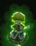  02charaice20 1girl absurdres arm_at_side arm_up backlighting black_skirt black_undershirt blonde_hair blue_overskirt brown_shirt cowboy_shot english_commentary glowing glowing_eyes gradient_background green_background green_eyes green_theme head_tilt highres light_smile looking_at_viewer messy_hair mizuhashi_parsee open_clothes open_shirt patterned pixel_art sash scarf shaded_face shirt short_sleeves skirt solo straight-on touhou white_sash white_scarf 