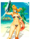  arm_cannon beach blonde_hair blurry breasts creature_on_chest day depth_of_field genzoman hand_on_hip innertube looking_at_viewer medium_breasts metroid metroid_(creature) navel nude ocean outdoors palm_tree ponytail samus_aran smile solo space_craft stomach thigh_gap tree weapon 