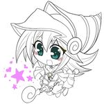  1girl bare_shoulders blush blush_stickers boots chibi choker dark_magician_girl duel_monster hat ikeda_jun_(aquaqua) long_hair magical_girl monochrome open_mouth pentacle smile solo staff star wizard_hat yu-gi-oh! yuu-gi-ou_duel_monsters 