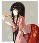  band black_hair bow bowtie eating eyebrows_visible_through_hair food from_side holding holding_food holding_pizza houraisan_kaguya kneeling long_hair looking_at_viewer multicolored multicolored_eyes pink_bow pink_neckwear pizza red_skirt rin_falcon sidelocks skirt solo touhou very_long_hair 
