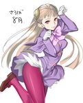  blonde_hair bow breasts capcom_fighting_jam capelet dress gloves hairpods highres ingrid leg_lift long_hair mary_janes medium_breasts pantyhose paw_pose pink_legwear red_eyes shoes smile solo tetsu_(kimuchi) white_gloves 