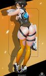  artist_name ass back bodysuit breasts brown_eyes brown_hair from_behind full_body goggles grandialee gun handgun highres large_breasts looking_at_viewer looking_back overwatch pistol shadow shoes short_hair sneakers solo standing thong torn_bodysuit torn_clothes tracer_(overwatch) underwear weapon 