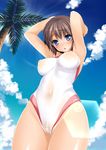  armpits arms_behind_head blue_eyes breasts brown_hair cloud covered_navel covered_nipples cowboy_shot day eyebrows_visible_through_hair highres impossible_clothes impossible_swimsuit large_breasts lens_flare looking_at_viewer minase_yuu one-piece_swimsuit open_mouth original outdoors palm_tree partially_visible_vulva short_hair sky solo swimsuit tree wet wet_clothes 