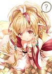  ? aldehyde animal_ears bare_shoulders bead_bracelet beads blonde_hair blush bracelet brown_legwear chinese_zodiac commentary_request detached_sleeves earrings eyebrows_visible_through_hair feathers granblue_fantasy hair_beads hair_feathers hair_ornament harvin highres jewelry long_hair looking_at_viewer mahira_(granblue_fantasy) money petite red_eyes sitting solo spoken_question_mark thighhighs v wide_sleeves year_of_the_rooster 