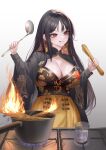  1girl :q absurdres black_dress black_hair breasts burnt_food china_dress chinese_clothes cleavage cleavage_cutout clothing_cutout commentary cooking dragon_print dress earrings fire food glass goddess_of_victory:_nikke gradient_background grey_background hands_up highres jewelry kimright0 ladle large_breasts long_hair long_sleeves moran_(nikke) multicolored_clothes multicolored_dress pasta red_eyes solo spaghetti stove sunglasses tassel tassel_earrings tongue tongue_out very_long_hair water yellow_dress you&#039;re_doing_it_wrong 