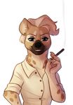  2017 4_fingers alpha_channel anthro apilsinn black_nose blue_eyes cigarette clothed clothing digital_drawing_(artwork) digital_media_(artwork) female fur grin half-length_portrait hi_res hyena inner_ear_fluff looking_at_viewer mammal melissa_(apilsinn) portrait shirt simple_background smile smoking solo spots spotted_fur tan_fur transparent_background 