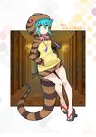  :&lt; aqua_hair character_name full_body geta hands_in_pockets highres hood hoodie kemono_friends long_sleeves ribbon short_hair snake_tail solo striped_hoodie striped_tail tail tengu-geta tsuchinoko_(kemono_friends) umigarasu_(kitsune1963) 