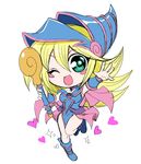  1girl bare_shoulders blonde_hair blush blush_stickers boots chibi choker curvy dark_magician_girl duel_monster hat ikeda_jun_(aquaqua) long_hair magical_girl open_mouth pentacle skirt smile solo staff star wink wizard_hat yu-gi-oh! yuu-gi-ou_duel_monsters 