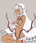  absurdres altera_(fate) bangs bare_shoulders blush breasts closed_mouth covering covering_breasts crossed_arms dark_skin detached_sleeves eyebrows_visible_through_hair fate/extella fate/extra fate_(series) grey_background highres long_hair looking_at_viewer navel nipples pleasure_mussel revealing_clothes seiza short_hair simple_background sitting small_breasts solo veil white_hair yellow_eyes 