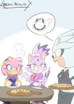  1boy 2girls amy_rose amy_rose_(fortune_teller) animal_ears blaze_the_cat blaze_the_cat_(magical_girl) blush cass_terra_22 cat_ears cat_girl cat_tail commentary dress embarrassed food furry furry_female furry_male green_eyes hedgehog_boy hedgehog_girl magical_girl multiple_girls pizza purple_dress signature silver_the_hedgehog sonic_(series) sonic_speed_simulator symbol-only_commentary tail waiter yellow_eyes 