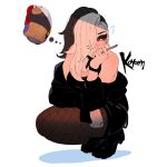  2girls artist_name black_choker black_eyeshadow black_footwear black_hair black_tank_top boots breasts choker claire_(koyorin) cleavage ear_piercing eyeshadow fishnet_pantyhose fishnets hair_over_one_eye holding holding_pen image_in_thought_bubble jewelry koyorin large_breasts looking_to_the_side makeup multicolored_hair multiple_girls off_shoulder original pantyhose pen piercing red_eyes ring solo_focus squatting tank_top two-tone_hair violet_(koyorin) white_background white_hair 