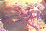  autumn_leaves brown_eyes double_bun dutch_angle ech grey_hair highres japanese_clothes long_hair looking_at_viewer original solo tears 