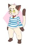  anthro barefoot bell_collar blush bottomless cat clothed clothing collar eroborus featureless_crotch feline flat_colors hi_res looking_away male mammal pattern_clothing simple_background solo standing striped_clothing striped_shirt thick_thighs unsure white_background 