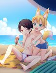  animal_ears beach black_hair blonde_hair blue_sky blush brown_hair bulge cloud collarbone commentary_request day fang food fox_boy fox_ears fox_tail full_body green_eyes hair_ornament hairclip highres ice_cream kneeling lens_flare male_focus male_swimwear multiple_boys navel ocean one_eye_closed open_mouth original outdoors pointy_ears red_eyes revision ryuuki_(eruk8993) sand sky swim_briefs swimsuit swimwear tail towel water x_hair_ornament 