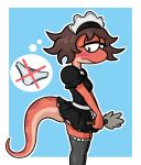 2024 amphibia_(series) amphibian anthro bella_(amphibia) big_tail blue_background blush blush_lines brown_hair cleaning_tool clothed clothing disney feather_duster hair hi_res huge_tail maid_headdress maid_uniform newt no_underwear red_body red_skin salamander simple_background swampman tail tail_under_skirt thigh_stockings uniform white_background