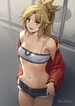  bangs belt blonde_hair collarbone commentary_request crop_top cuboon denim denim_shorts eyebrows_visible_through_hair fate/apocrypha fate_(series) green_eyes jacket long_hair looking_at_viewer mordred_(fate) mordred_(fate)_(all) navel open_clothes open_jacket parted_bangs parted_lips ponytail short_shorts shorts sidelocks solo teeth twitter_username 