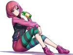  black_jacket blush bottle closed_mouth commentary_request eyebrows_visible_through_hair green_pants holding holding_bottle jacket leggings long_sleeves looking_at_viewer love_live! love_live!_school_idol_project medium_hair multicolored multicolored_clothes multicolored_legwear nishikino_maki pants pink_footwear pink_jacket pink_skirt purple_eyes red_hair shadow shoes simple_background sitting skirt smile solo striped striped_pants tonee track_suit two-tone_legwear white_background 