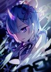  black_ribbon blue_eyes blue_hair chain choker forest_kitten glowing_horn hair_ornament hair_over_one_eye hair_ribbon highres horn maid neck_ribbon outstretched_arm parted_lips portrait re:zero_kara_hajimeru_isekai_seikatsu red_ribbon rem_(re:zero) ribbon short_hair signature solo x_hair_ornament 