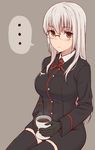  1girl black_legwear coffee glasses gloves grey_background heidimarie_w_schnaufer long_hair long_sleeves looking_at_viewer military military_uniform momiji7728 necktie red_eyes red_neckwear simple_background solo spoken_ellipsis strike_witches thighhighs uniform white_hair world_witches_series 