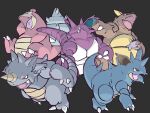  absurdres black_background black_eyes claws commentary fangs full_body highres horns kangaskhan looking_ahead nidoking nidoqueen no_humans open_mouth pokemon pokemon_(creature) pokemon_focus red_eyes rhydon sharp_teeth simple_background slowbro tail tea_zatter teeth tongue trait_connection 