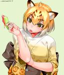  animal_ears bare_arms blonde_hair dated eyebrows_visible_through_hair food green_background hair_between_eyes hand_up happa_(cloverppd) holding jaguar_(kemono_friends) jaguar_ears jaguar_print japanese_clothes kemono_friends kimono looking_down multicolored_hair obi popsicle sash short_hair short_sleeves signature simple_background solo tongue tongue_out tsurime upper_body watermelon_bar wet wide_sleeves 