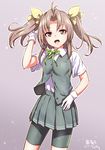  :d ahoge artist_name bike_shorts brown_hair cowboy_shot gloves gradient gradient_background green_neckwear green_ribbon hair_ribbon hand_on_hip kagerou_(kantai_collection) kantai_collection lavender_background looking_at_viewer neck_ribbon open_mouth ribbon school_uniform short_sleeves shorts shorts_under_skirt shungikuten simple_background smile solo twintails vest white_gloves yellow_ribbon 