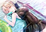  artoria_pendragon_(all) artoria_pendragon_(swimsuit_rider_alter) bare_arms beach black_swimsuit blonde_hair blue_ribbon braid breasts covered_navel covered_nipples dark_excalibur day fate/grand_order fate_(series) food green_innertube hair_ribbon holding holding_food impossible_clothes impossible_swimsuit innertube kotatsu_(kotatsu358) looking_at_viewer lying medium_breasts one-piece_swimsuit orange_eyes outdoors popsicle ribbon solo sunlight swimsuit taut_clothes taut_swimsuit turtleneck water 