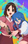  2girls abstract_background ahoge aiming aiming_at_viewer azumanga_daioh azumanga_daioh&#039;s_school_uniform blue_hair brown_eyes brown_hair crossover fn_five-seven godsh0t green_eyes gun handgun highres holding holding_another&#039;s_arm holding_gun holding_weapon iwakura_lain izumi_konata kasuga_ayumu long_hair long_sleeves looking_at_viewer lucky_star midriff_peek mole mole_under_eye multiple_girls open_mouth pink_sailor_collar pink_shirt pleated_skirt red_skirt ryouou_school_uniform sailor_collar school_uniform serafuku serial_experiments_lain shirt short_hair skirt smile v very_long_hair weapon white_sailor_collar white_shirt winter_uniform 
