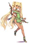  &gt;:( bangs barefoot barefoot_sandals blonde_hair blue_eyes blush bow_(weapon) breasts brown_eyes closed_mouth dark_elf dark_skin detached_collar dress elf eyebrows_visible_through_hair feet fingerless_gloves frown full_body gloves green_dress hair_between_eyes heterochromia legband long_hair long_pointy_ears looking_at_viewer original pointy_ears simple_background single_fingerless_glove single_glove small_breasts solo standing standing_on_one_leg tonee twintails v-shaped_eyebrows very_long_hair weapon white_background yellow_eyes 