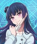  bangs blue_background blue_hair blue_jacket blunt_bangs blush buttons closed_mouth collarbone commentary_request eyebrows_visible_through_hair face_mask head_tilt jacket lips long_hair long_sleeves looking_at_viewer love_live! love_live!_sunshine!! magic_circle mask mask_pull mask_removed pink_eyes pinky_out side_bun smile solo surgical_mask tonee tsushima_yoshiko upper_body 