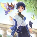  1boy against_railing alternate_costume animalization arm_rest belt beret black_belt black_hair black_pants black_shirt black_undershirt blue_eyes blue_shawl blunt_ends bright_pupils casual collared_shirt contemporary crystalfly_(genshin_impact) eyeliner eyeshadow fringe_trim genshin_impact gold_buckle gold_necklace gold_pendant gold_trim hakama hakama_pants hand_up hat highres japanese_clothes jewelry long_sleeves looking_at_animal makeup male_focus mini_dragon mini_durin_(genshin_impact) mountainous_horizon necklace official_alternate_costume open_hands open_mouth outdoors pants partially_unbuttoned person_and_animalization purple_hat railing red_eyeliner red_eyeshadow scaramouche_(cat)_(genshin_impact) scaramouche_(genshin_impact) shawl shirt shoulder_peek smile suya_(suya_ny) teeth turtleneck turtleneck_shirt upper_teeth_only wanderer_(genshin_impact) wanderer_(wanderer_impression)_(genshin_impact) white_pupils white_shirt white_sleeves wing_collar 