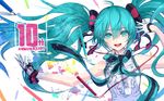  2d anniversary aqua_eyes aqua_hair bangs blouse blush bow colored_pencil commentary eyebrows_visible_through_hair floating_hair gloves hair_between_eyes hair_bow half_gloves hatsune_miku long_hair looking_at_viewer pencil sleeveless_blouse smile solo striped striped_bow upper_body vocaloid white_blouse white_gloves 