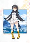  black_hair blush boots breasts brown_eyes commentary_request gentoo_penguin_(kemono_friends) headphones highres jacket kemono_friends long_hair medium_breasts multicolored_hair penguin_tail penguins_performance_project_(kemono_friends) tail umigarasu_(kitsune1963) 