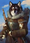  2017 alsareslynx ambiguous_gender anthro black_fur black_nose brown_eyes canine clothed clothing day detailed_background dog fur heterochromia looking_at_viewer mammal outside red_eyes 